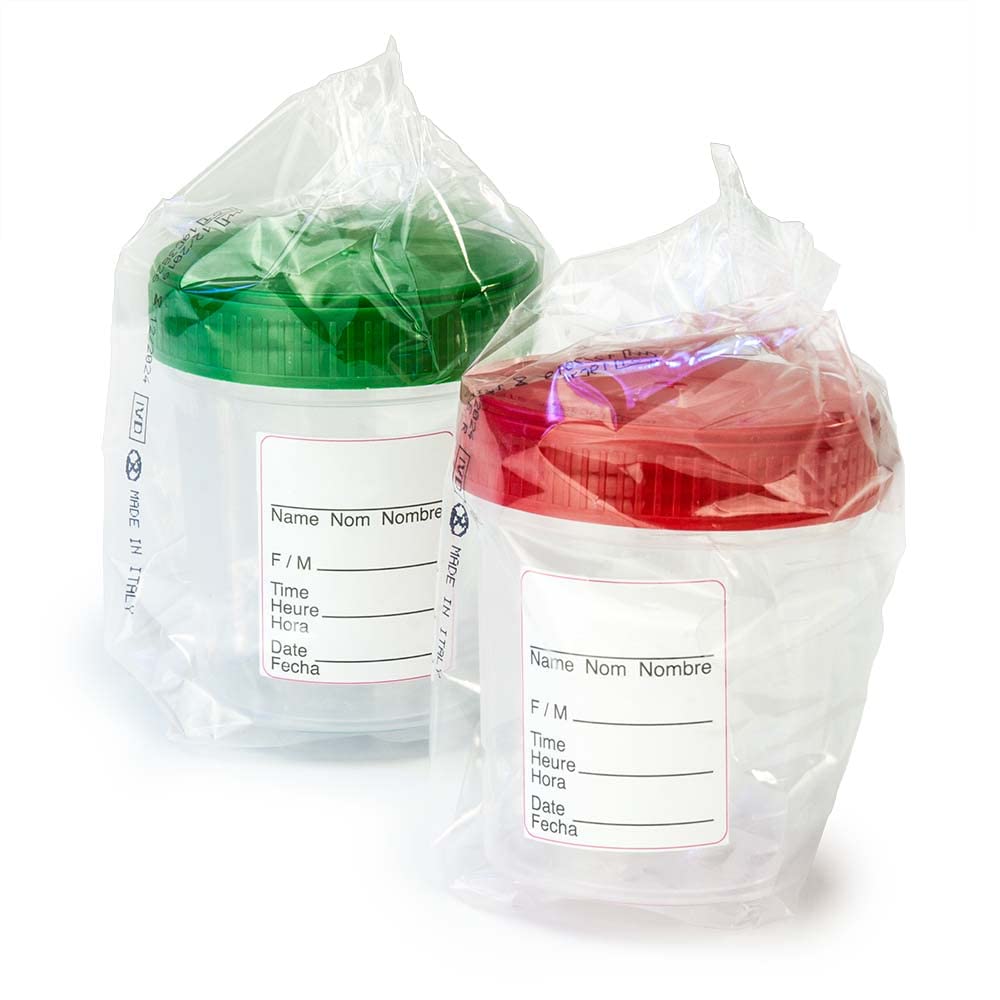 5901G PP Specimen Container with Full Turn Green Attached Screwcap and ID Label, Graduated, Sterile, 4oz Capacity