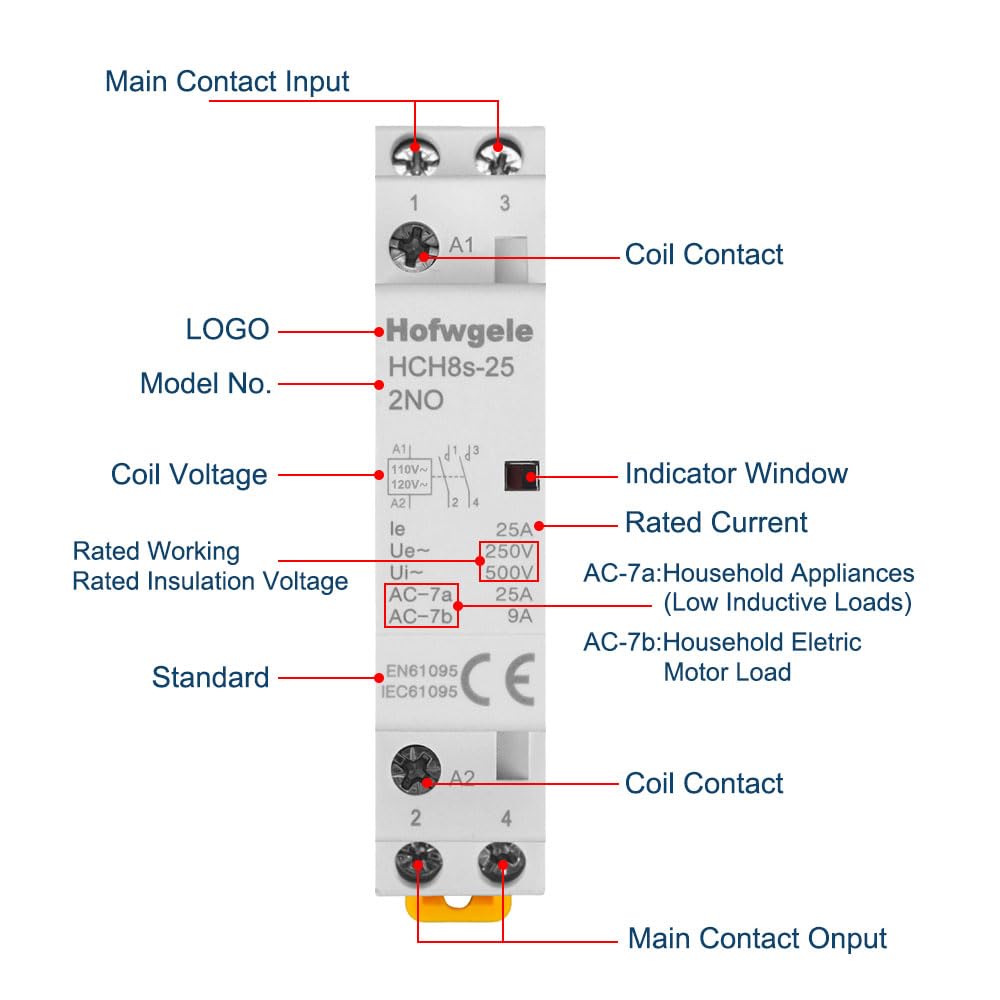 HCH8s-25 AC Contactor 25A 2 Pole 110V/120V Coil 2NO Modular Electromagnetic Relay for Universal Circuit Control, DIN Rail Mount