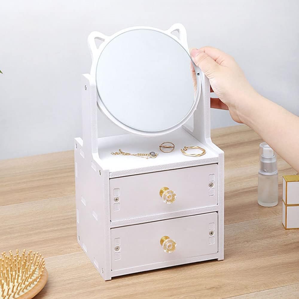 Cat Ear Vanity Mirror, Desktop Makeup Mirror with Drawer, Multipurpose Cosmetic Box, Plastic Cosmetic Storage