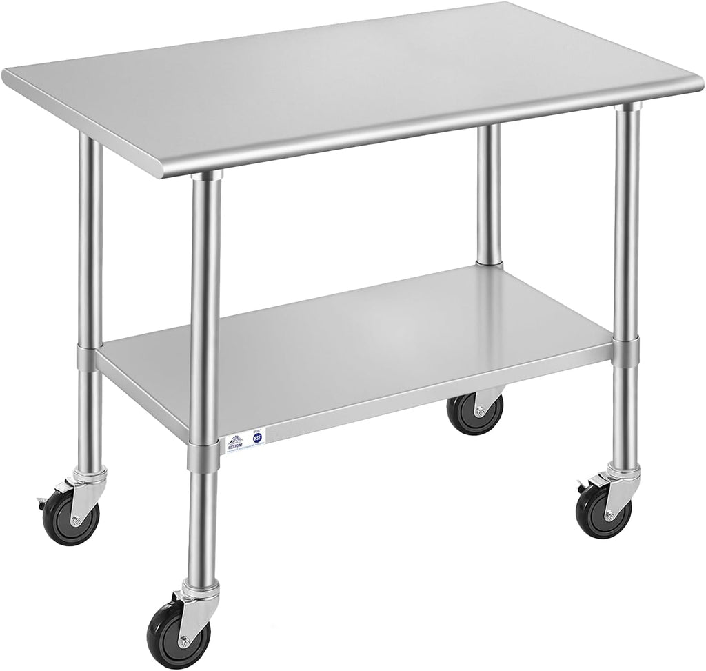 Stainless Steel Table for Prep & Work with Caster Wheels 24x48 Inches, NSF Metal Commercial Kitchen Heavy Duty Table