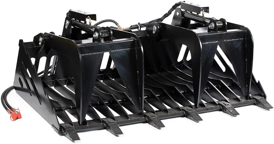 72" Skeleton Rock Grapple Rake with Teeth, Skid Steer Quick Tach Hookup, Fine Grade Tines for Sifting, Side Cutters