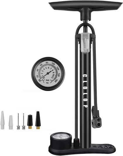 Bike Floor Pump with Gauge, Bike Tire Inflator, Air Pump, Bike Pump with Dual Presta & Schrader Valve Head, Bicycle