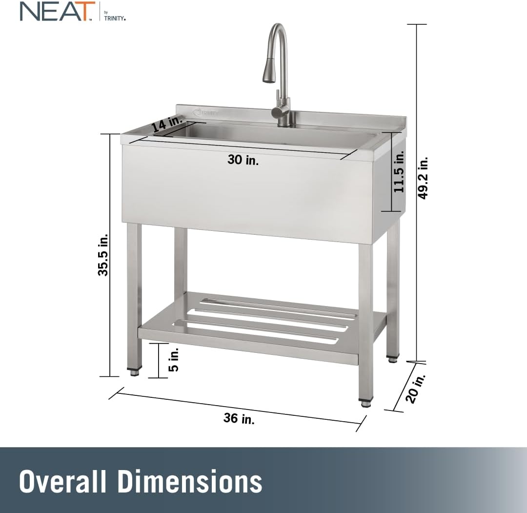 36" NSF EcoStorage Stainless Steel Utility Sink w Faucet