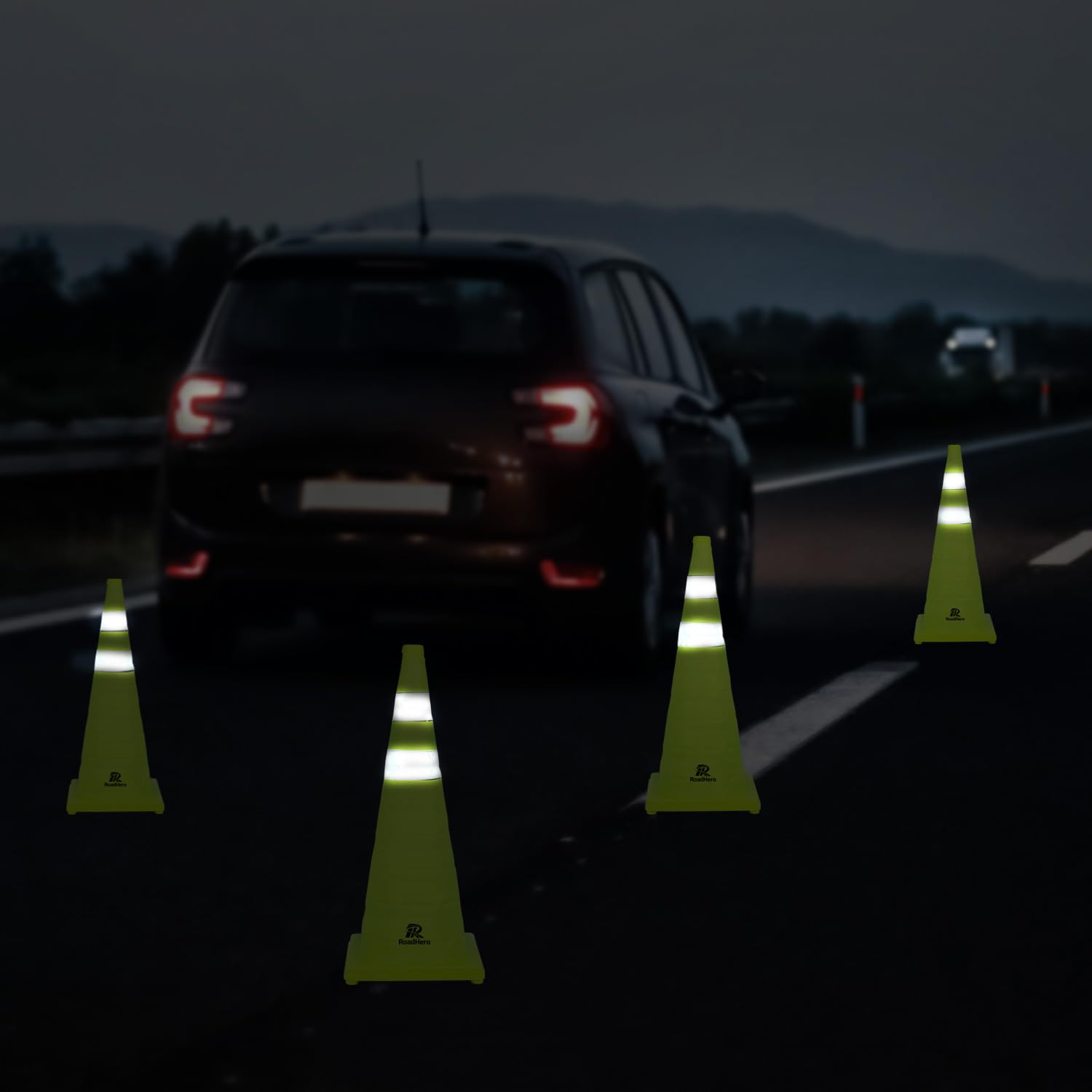28 Inch 4 Pack Collapsible Traffic Safety Cones with Bag, Green | Pop-up Design, Reflective Collar, Road Safety