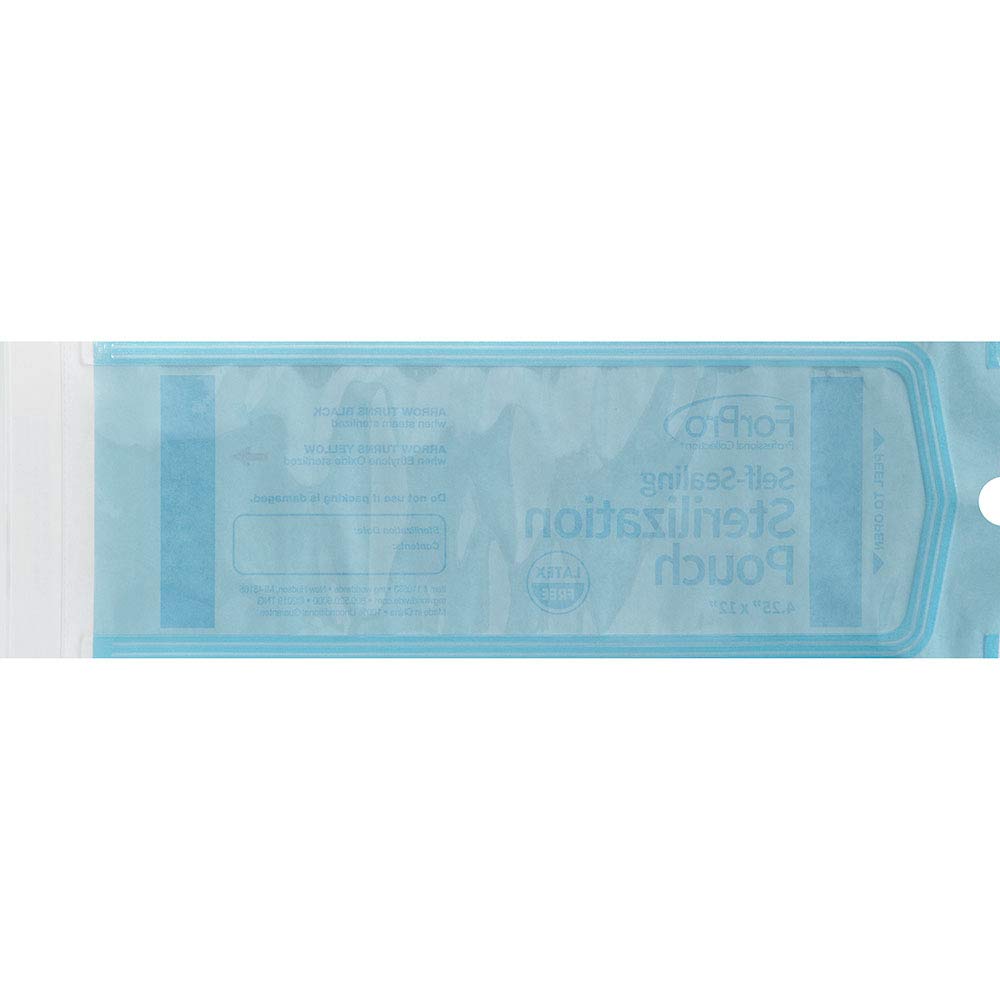 Self-Sealing Sterilization Pouches, Latex-Free, Color Changing Indicator, 4.25" W x 12" L, 200-Count | for Tool