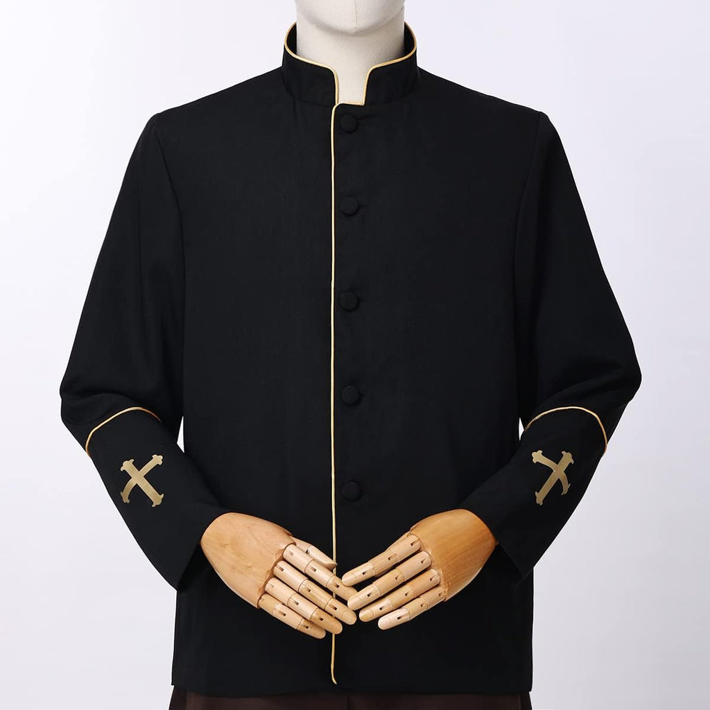 Mens Clergy Coat Church Priest Robe Vestment Stand Up Collar Button Down Top Outwear for Pastor