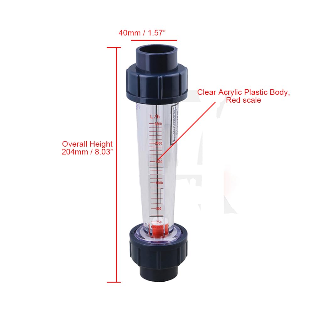 Inline Liquid Flowmeter, Fluids Flowmeter with AS Plastic Cylindrical Body Works with DN25 1" Pipe Connection (250~2500L/H)