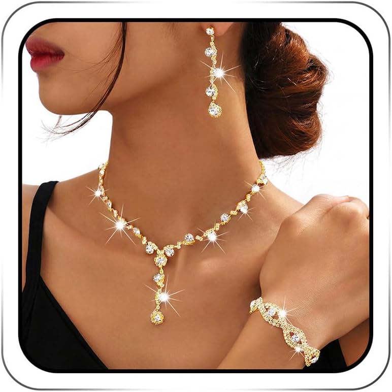 Rhinestone Jewelry Set Bridal Necklaces Clip On Earrings Set Wedding Prom Jewelry Accessories for Women