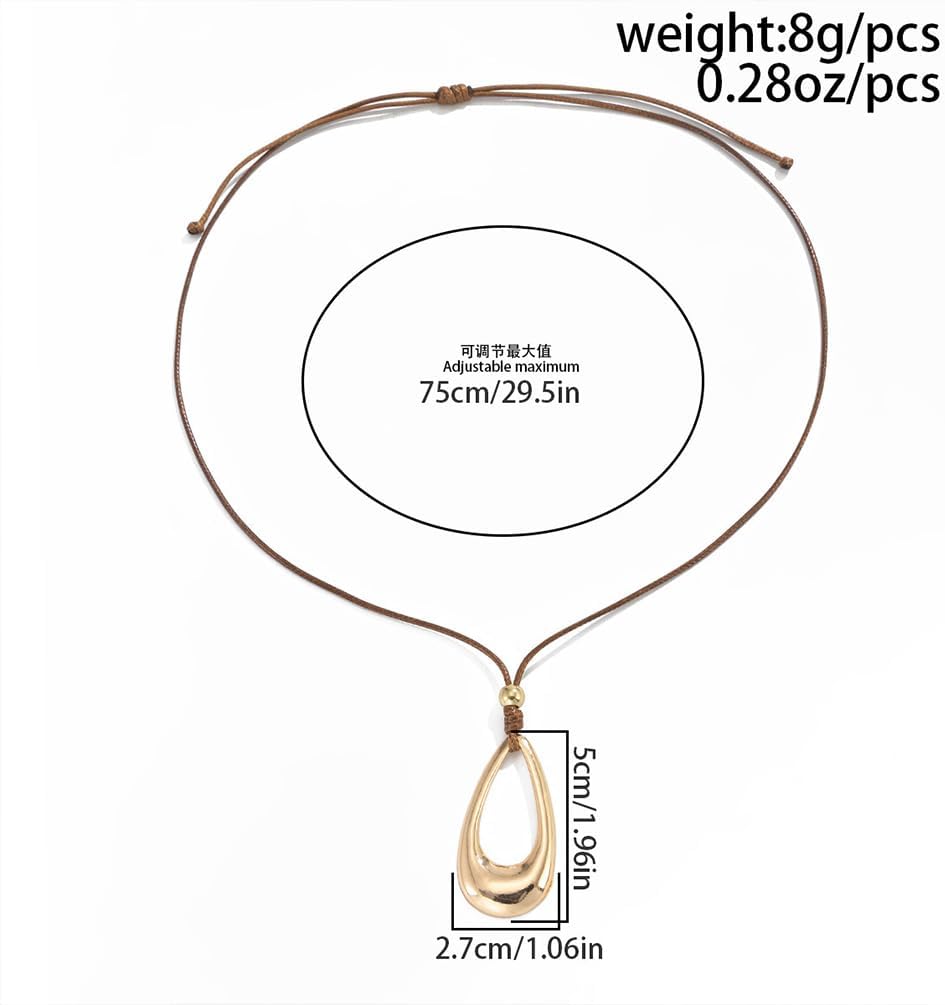 Large Gold Silver Hollow Teardrop Pendant Necklace, Boho Minimalist Brown Rope Waterdrop Necklaces for Women Trendy