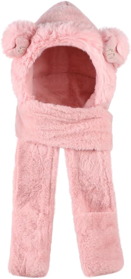 Kids Winter Hat Scarf Mittens 3 in 1 Faux Fur Hat Hooded Scarf Earflap Cap Neck Warmer Fuzzy Hoodie Ski Snow Cap