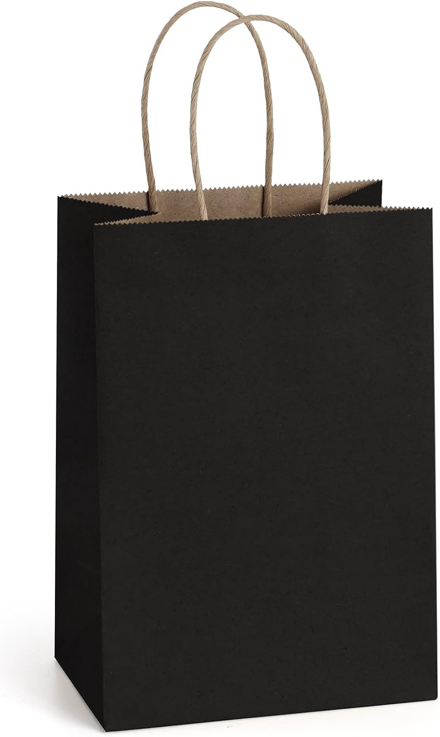 Gift Bags with Handles 5.25x3x8 Inch Small Black 100 Pack Bulk