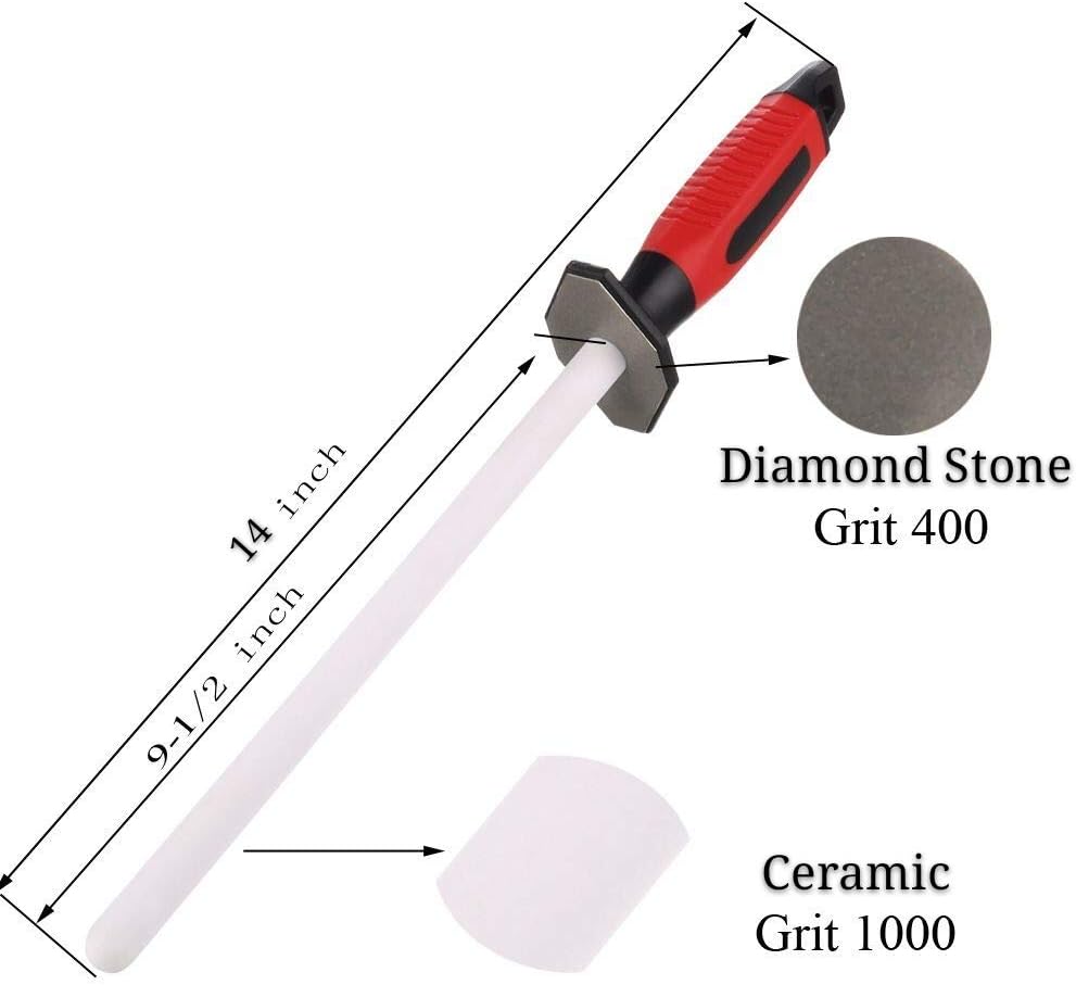 14 inch Sharpening Rod/Sharpening Bar, 2 in 1 Diamomd/Ceramic (Grit 400/1000) Knife Sharpener for Coarse/Fine Honing