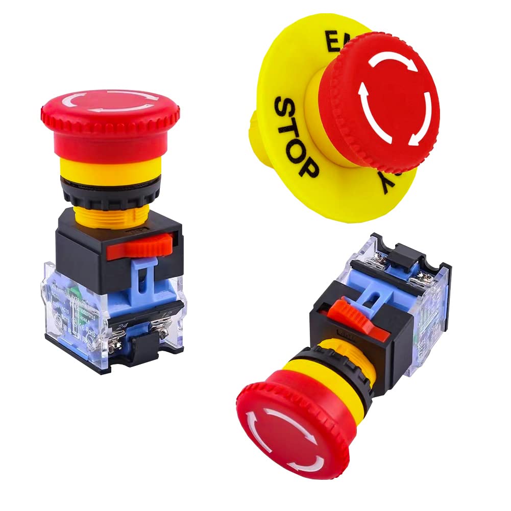 Emergency Stop Button E-Stop Push Button 22mm Mushroom 1NO1NC Panel Indus