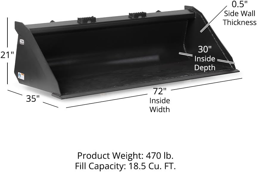 72" Grade 50 Standard Series Low Profile Dirt Bucket, Universal Quick Tach, Rolled-Back Design with 0.5" Thick