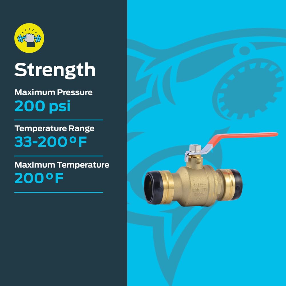 SharkBite 1-1/2 x 1-1/2 in PTC Ball Valve, Push-to-Connect Brass Water Shut-Off Plumbing Fitting, UXLBV41