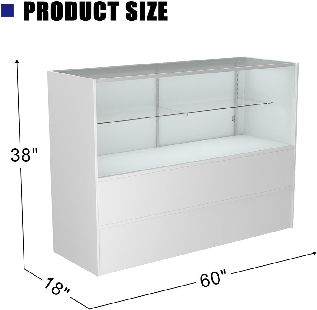 60" W x 18" D x 38" H - White Full View Retail Display Case, Illuminated Glass Display Cabinet with Adjustable Glass