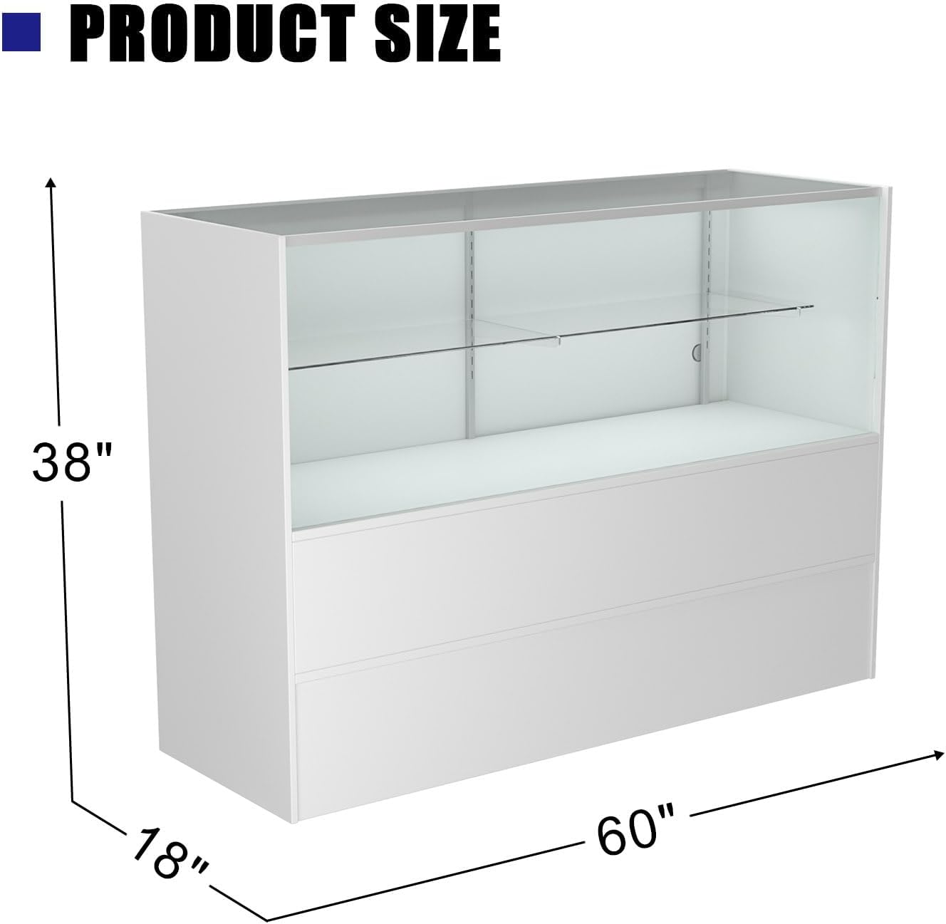 60" W x 18" D x 38" H - White Full View Retail Display Case, Illuminated Glass Display Cabinet with Adjustable Glass