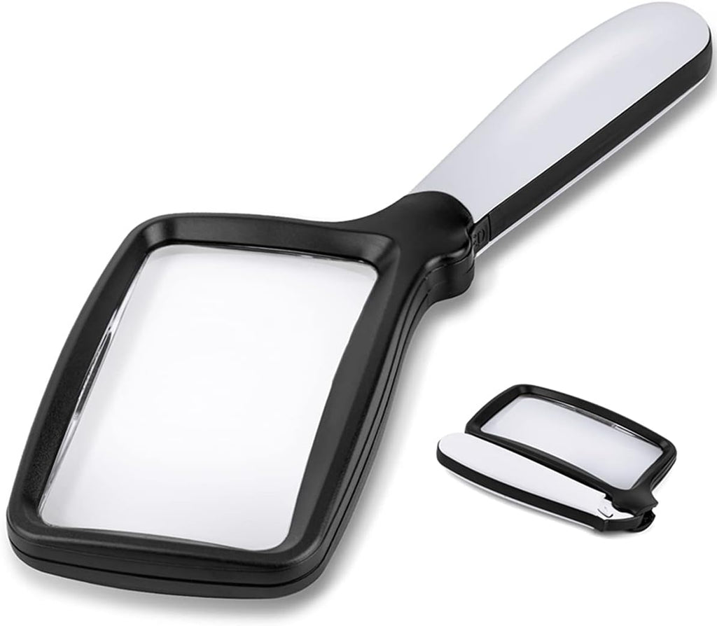 Folding Handheld Magnifying Glass with Light, 5X Large Rectangle Reading Magnifier with Dimmable LED for Seniors with