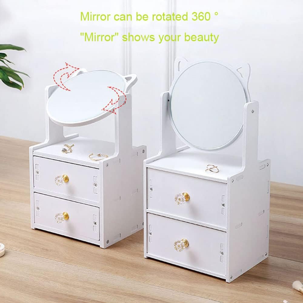 Cat Ear Vanity Mirror, Desktop Makeup Mirror with Drawer, Multipurpose Cosmetic Box, Plastic Cosmetic Storage