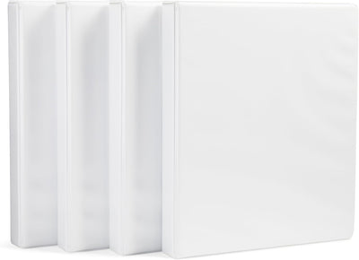 3-Ring Binder with Round Rings and Interior Pockets, 1-Inch, White, 4-Pack