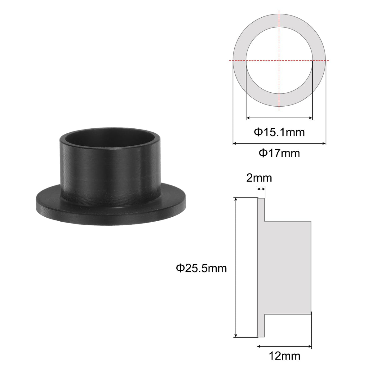 HARFINGTON 8pcs Flanged Sleeve Bearings Plastic Bushings 15.1mm Bore x 17mm OD x 12mm Length Black POM Bushings