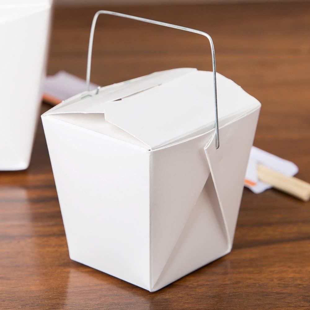 White Chinese Asian Paper Take Out Box with Wire Handle, Leak and Grease Resistant Stackable to Go Boxes (25, 8 OZ)