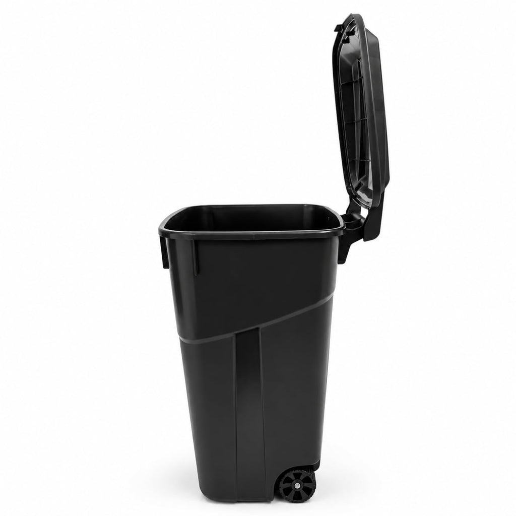 32-Gallon Heavy Duty Wheeled Trash Can with Attached Lid – Durable Black Plastic Garbage Bin for Home, Garage &