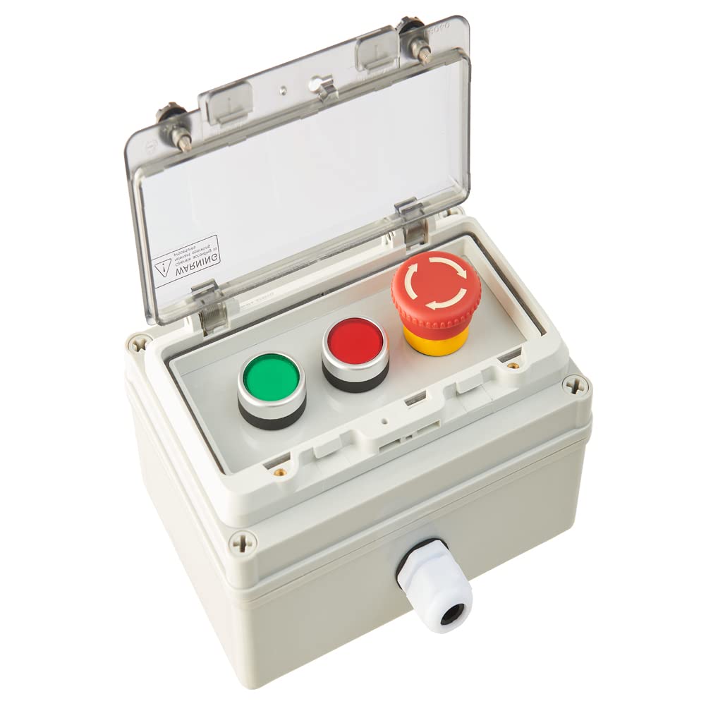 E-Stop Start Stop Push Button Station w/Lockable Cover, Green/Red IP67