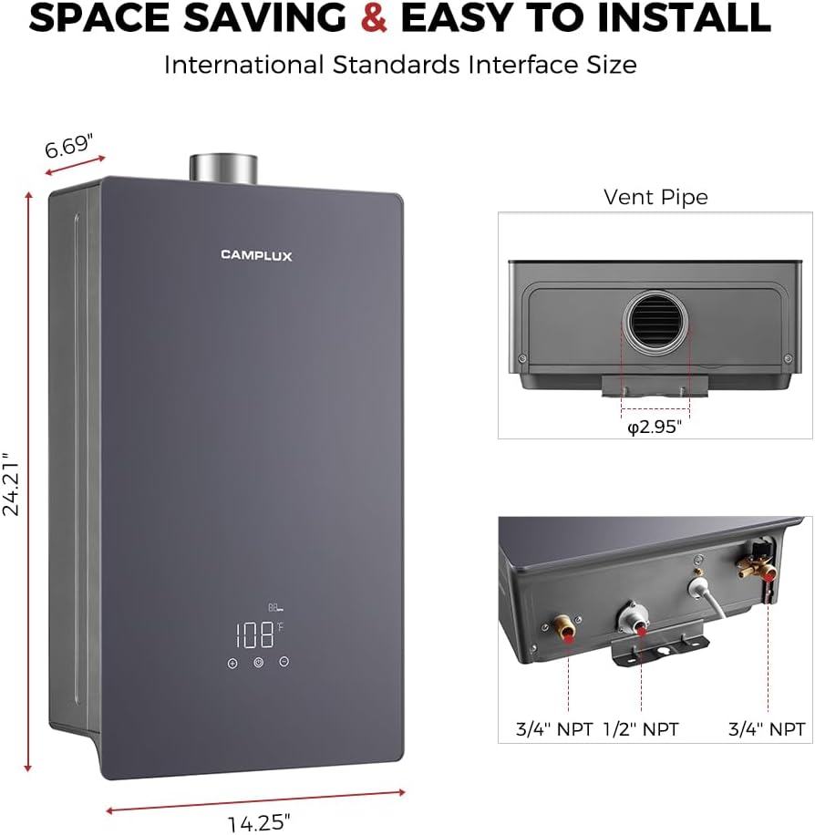 CAMPLUX Climatech 7 102000 BTU(Up to 113,000 BTU) Tankless Water Heater Propane Indoor, 4.22 GPM (Up to 5 GPM), On