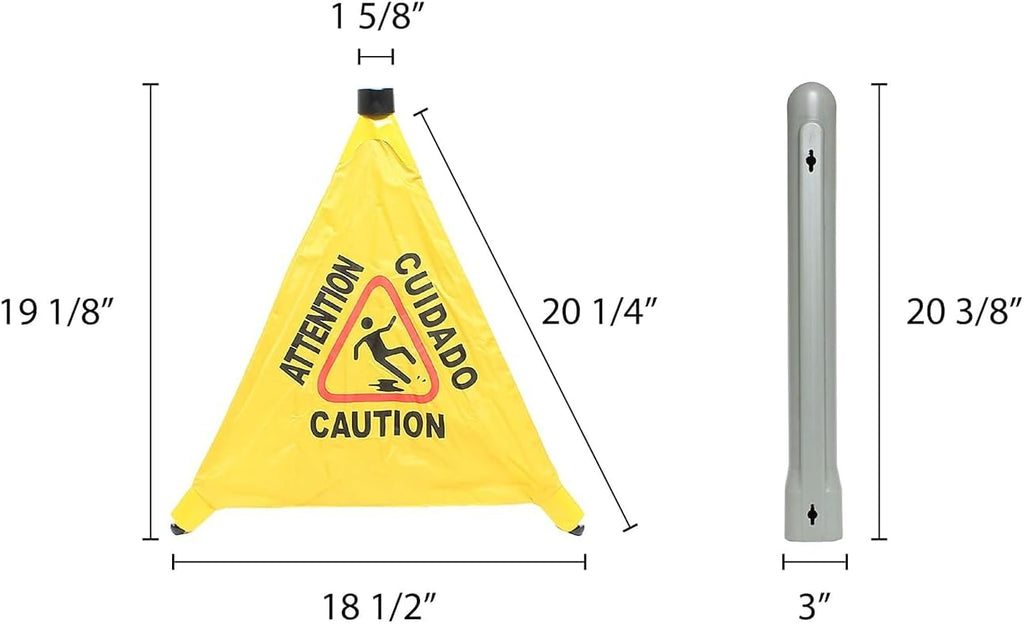 19-1/2" Pop-Up Safety Cone with Storage Tube- Multi-Lingual Caution Imprint and Wet Floor Symbol Floor Warning Sign