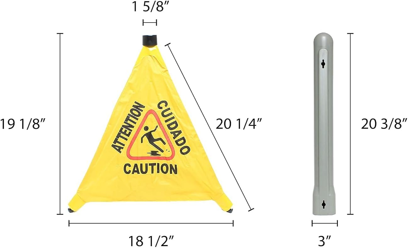 19-1/2" Pop-Up Safety Cone with Storage Tube- Multi-Lingual Caution Imprint and Wet Floor Symbol Floor Warning Sign