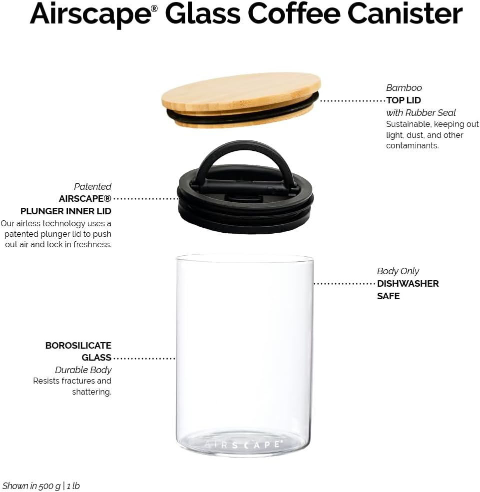 Planetary Design Borosilicate Glass Coffee Canister, Food Storage | Glass Storage With US Patented Airless Inner Lid