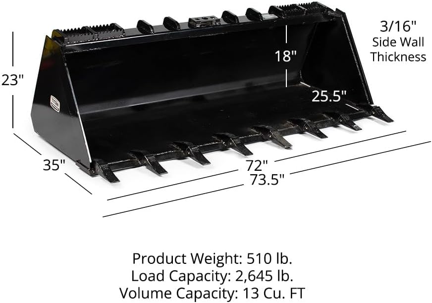 HD Skid Steer Dirt Bucket with Bolt-On Teeth, Rated 2,645 LB, Universal Quick Tach