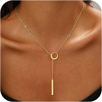 Long Gold Necklace for Women Trendy, Dainty Layered Lariat Necklace 14k Gold Plated Silver Y Shaped Beaded Chain Non