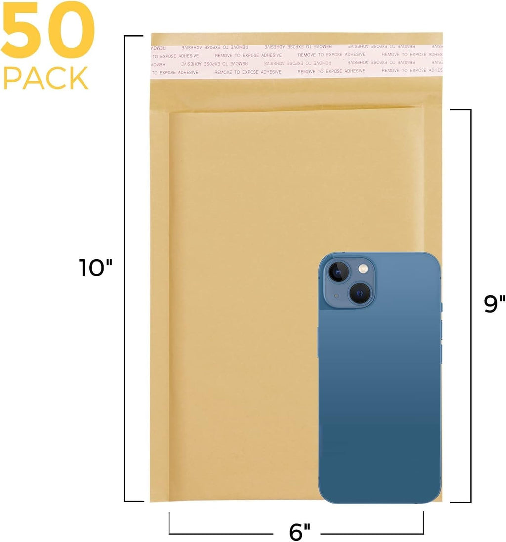 Kraft Bubble Mailers 6x10" Padded Envelopes 50 Pack Usable Size 6x9"