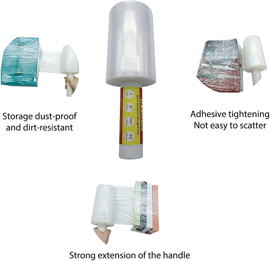 Stretch Wrap Clear Plastic Wrap Roll 6 inch X 1000Ft 80 Guage Industrial Mini Stretch Wrap Film with Handle for