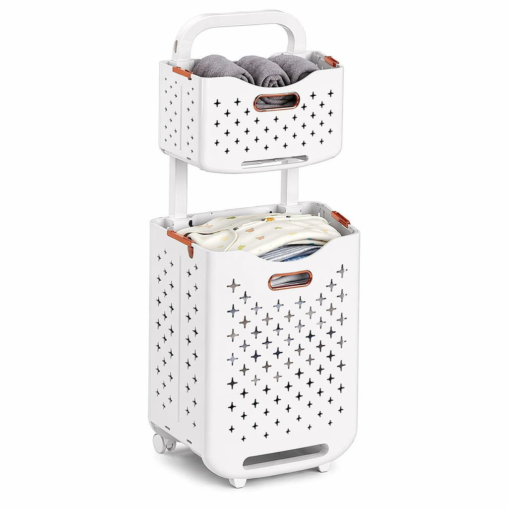 Collapsible Laundry Basket Organizer, 2-Tier Foldable Laundry Sorter with Wheels & Wall Mount, Space-Saving Slim
