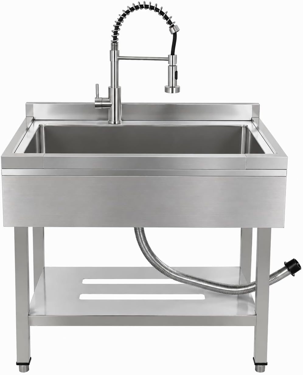 Utility Sink with Countertop and Drawer, Stainless Steel, Freestanding, Deep Single Bowl, Spring Pull-Down Faucet