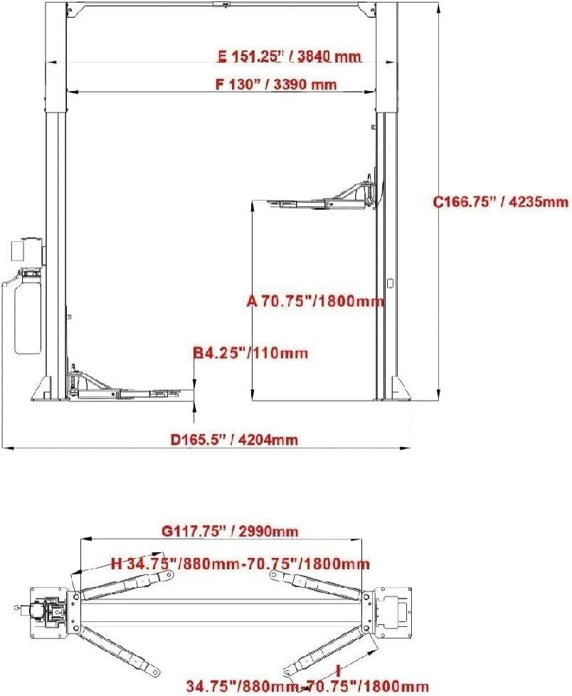 KT-M120L 12000lbs Two Post Lift Auto Lift 2 Post Car Lift Extra Height 167” / 4.235M Max Wide 151 Inch Truck Clear