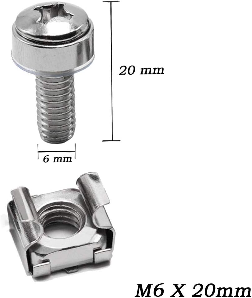 100 Sets M6x20mm Square Hole Cage Nuts Screws Washers Rack Mount