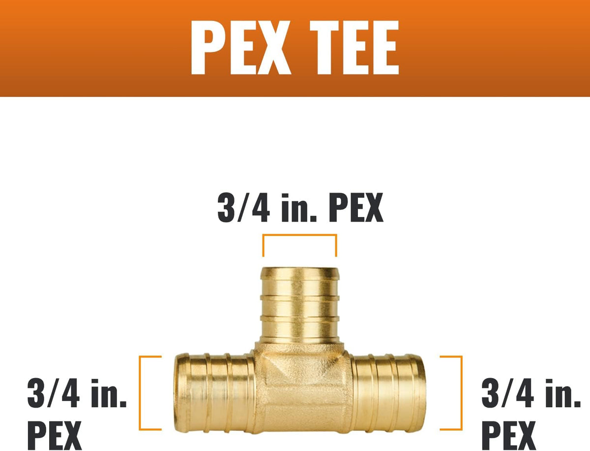 SUNGATOR 5-Pack 3/4 Inch PEX Tee Fittings, Brass