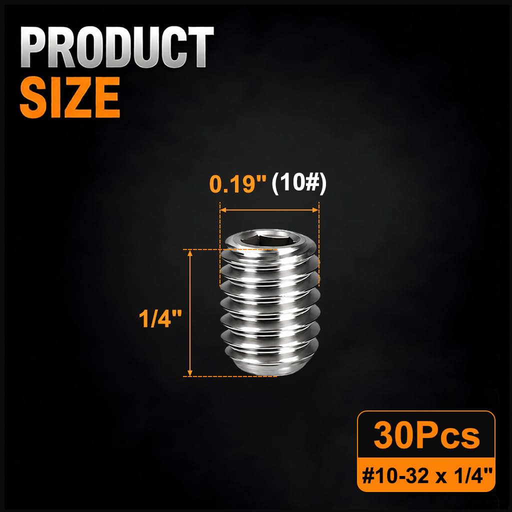 30Pcs #10-32 x 1/4" Set Screws, Hex Socket Grub Screws with Cup Point
