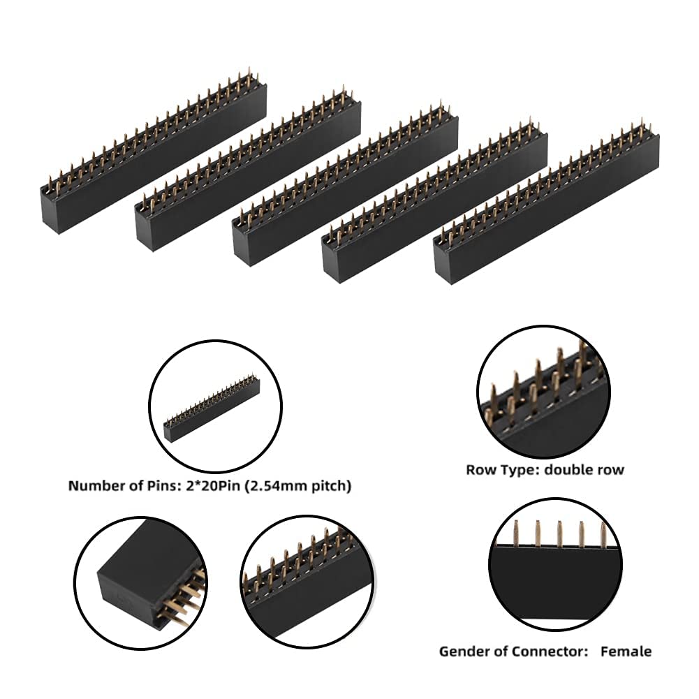 5Pcs Female Pin Headers, 2x20 Pins 2.54m Dual Row Short Pin Headers Connector, PCB Board Pin Header Strip for Raspberry Pi