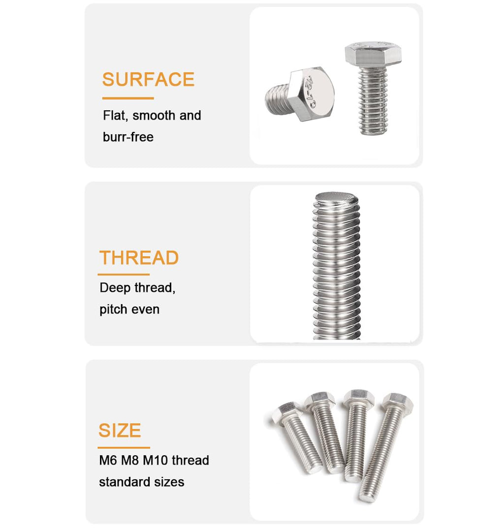 10-Pack M10 x 30mm Hexagon Screws Hex Bolts with M10 Hex Nuts Flat Washers/Spring Lock Washers Set, 304/18-8, Plain Finish