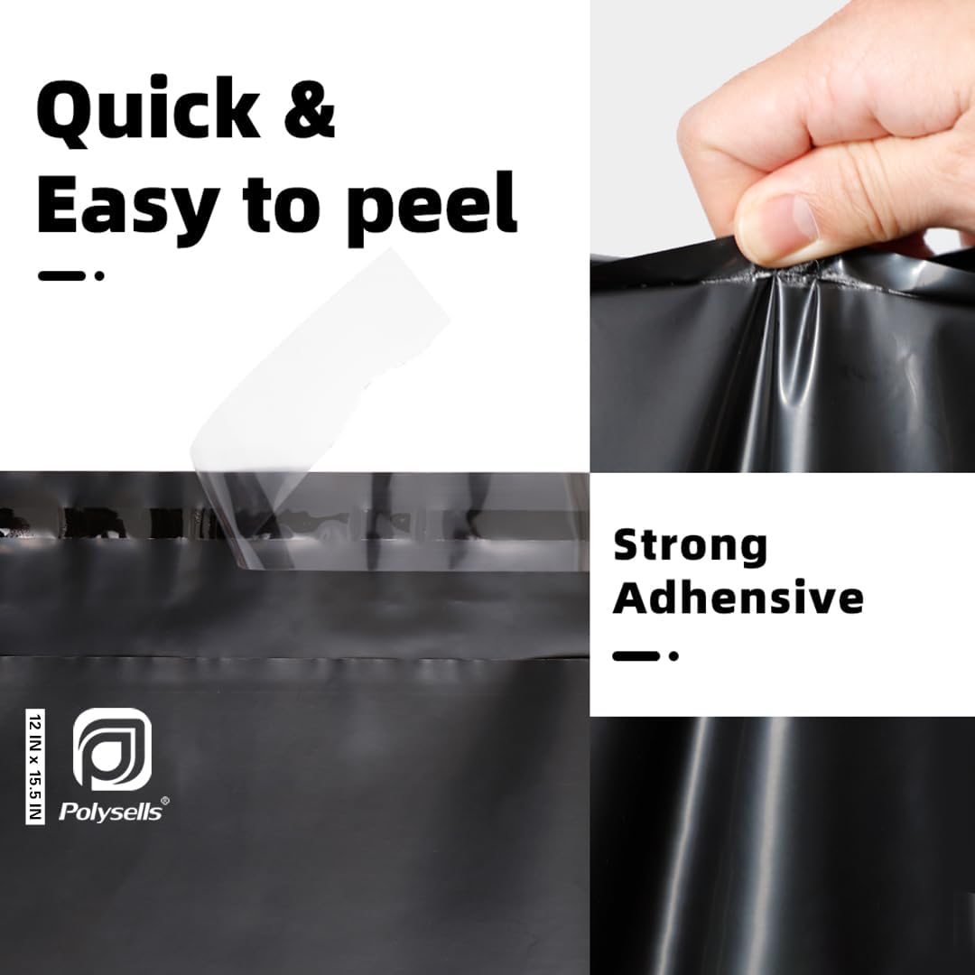 100 pcs 12x15.5 Inches Black Poly Mailers Shipping Envelopes, Strong Adhesive Sealing, Waterproof, and Tear-resistant