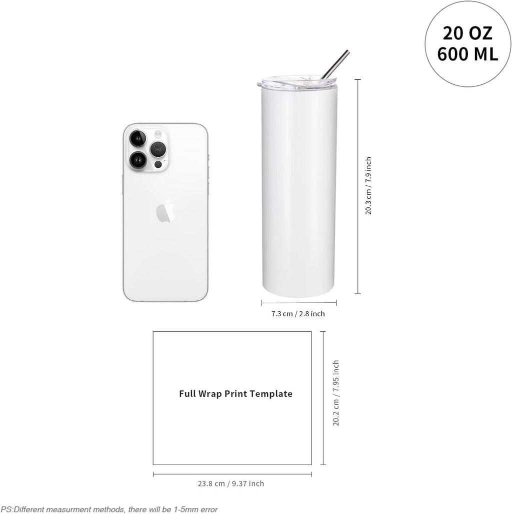 4 Pack Sublimation Blanks Tumblers Straight Skinny 20 OZ | Double Wall Stainless Steel Cups with Lids and Straw