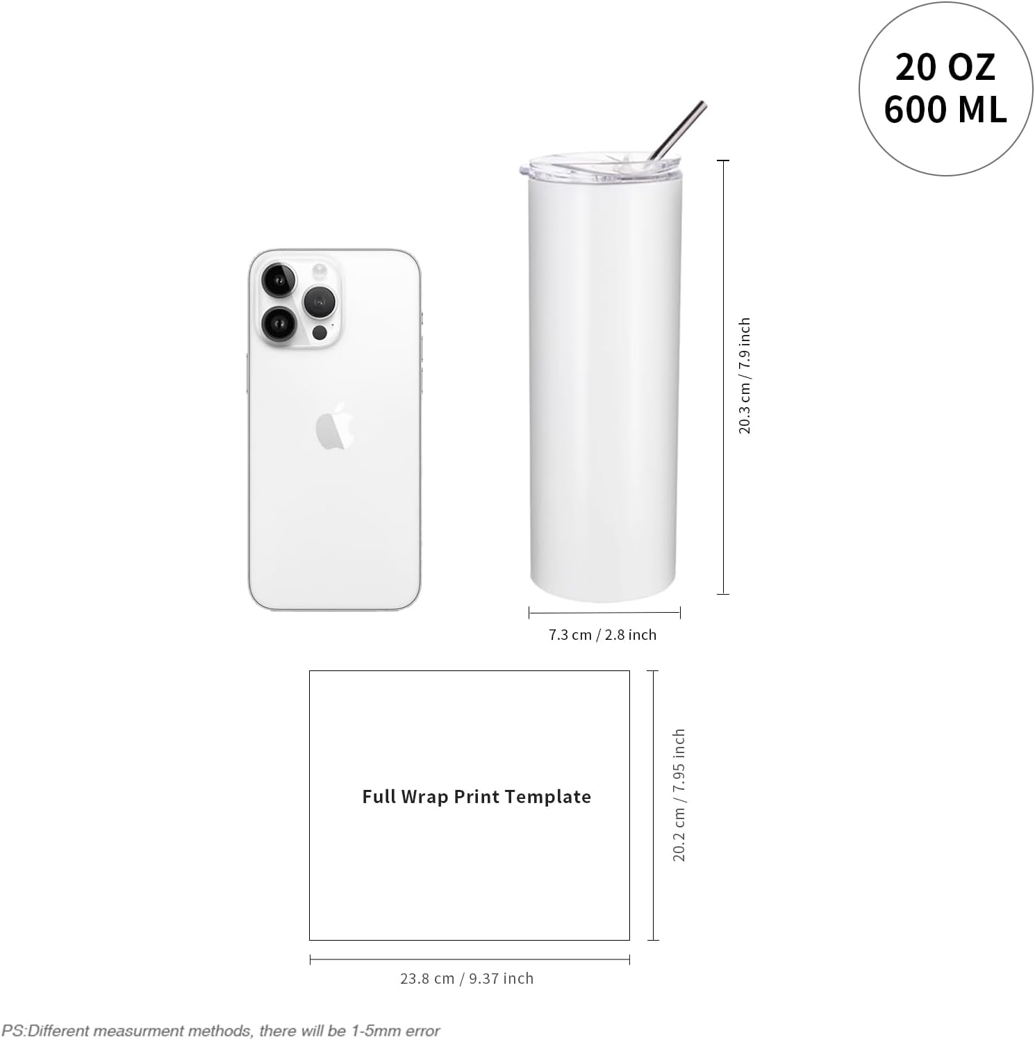 4 Pack Sublimation Blanks Tumblers Straight Skinny 20 OZ | Double Wall Stainless Steel Cups with Lids and Straw