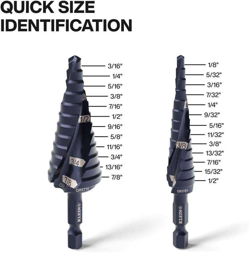 Klein Tools QRST2S Quick-Release Step Bit Set, 3-Piece, Durable Aluminum Titanium Coating, Impact-Rated Hex Shank