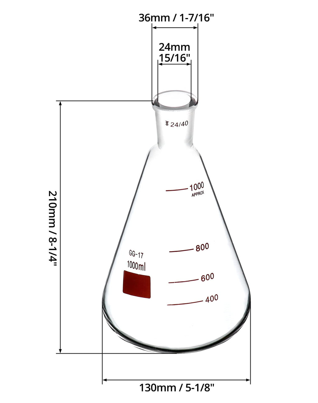 1000 mL Borosilicate Glass Erlenmeyer Flask, 2 Pack Thick Wall Flask with 24/40 Outer Joint