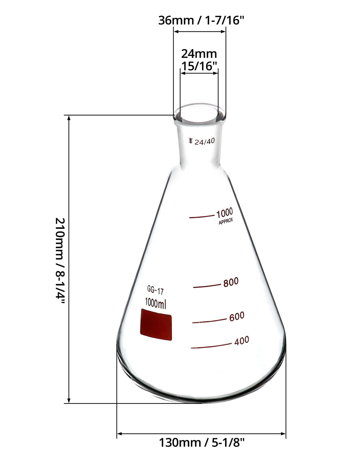 1000 mL Borosilicate Glass Erlenmeyer Flask, 2 Pack Thick Wall Flask with 24/40 Outer Joint